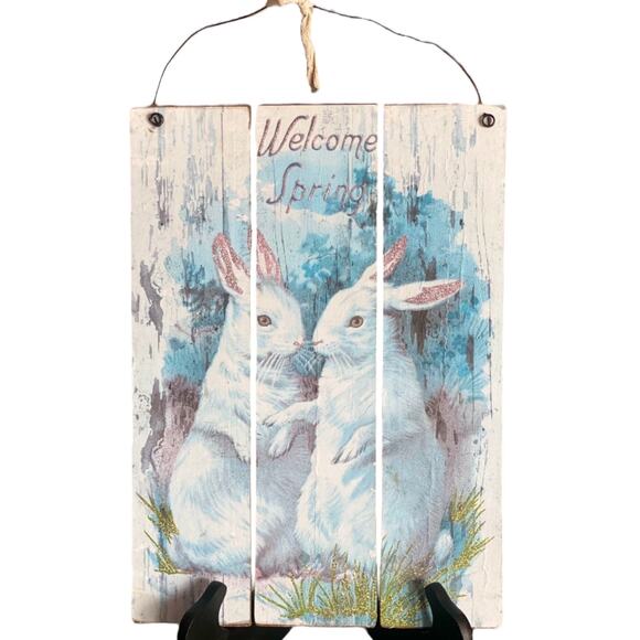 Primitive Designs By Kathy Welcome Spring Easter Bunnies Wood Sign - Picture 1 of 2